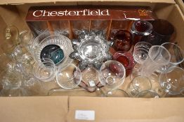 Six printed Chesterfield water glasses (boxed) an apple blown glass paperweight and an assortment of