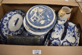 A carton of mainly blue and white ware including chargers and tureens, a blue and white cheese