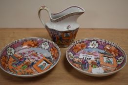 Two late 19th early 20th century polychrome Chinese bowls and jug.