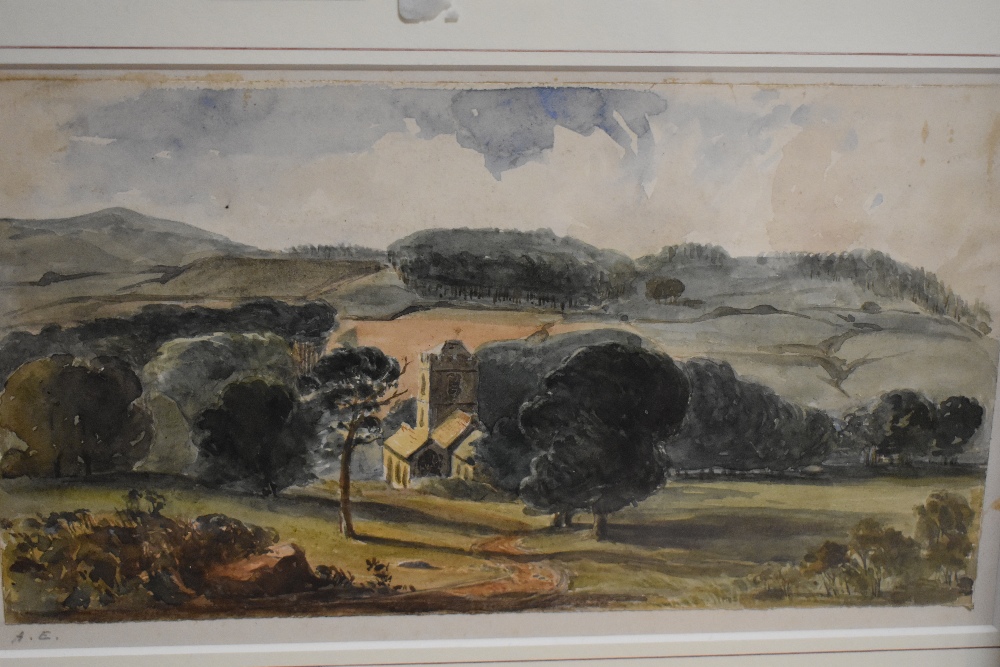 An early 20th century watercolour sketch, rural church scene, mounted and initialled A.E in pencil - Image 2 of 3
