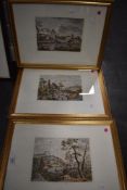 After Marcus Rizzi (?), Italian School, hand coloured engravings, Three Italianate landscapes