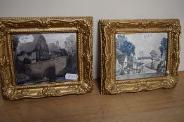 Artist Unknown, two decorative porcelain moulded tiles with printed scenes displayed within gilt