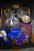 A small carton of plated ware including boxed Winnie the Pooh christening ware etc