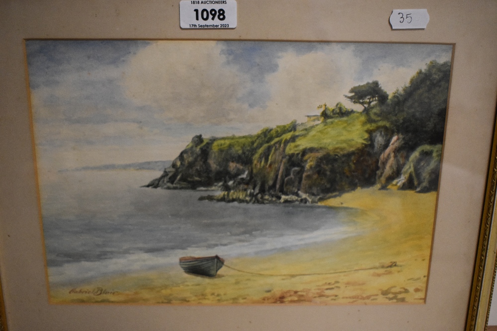 Gabriel Blair (1862-1932), watercolour, A sandy bay with moored rowing boat, signed to the lower