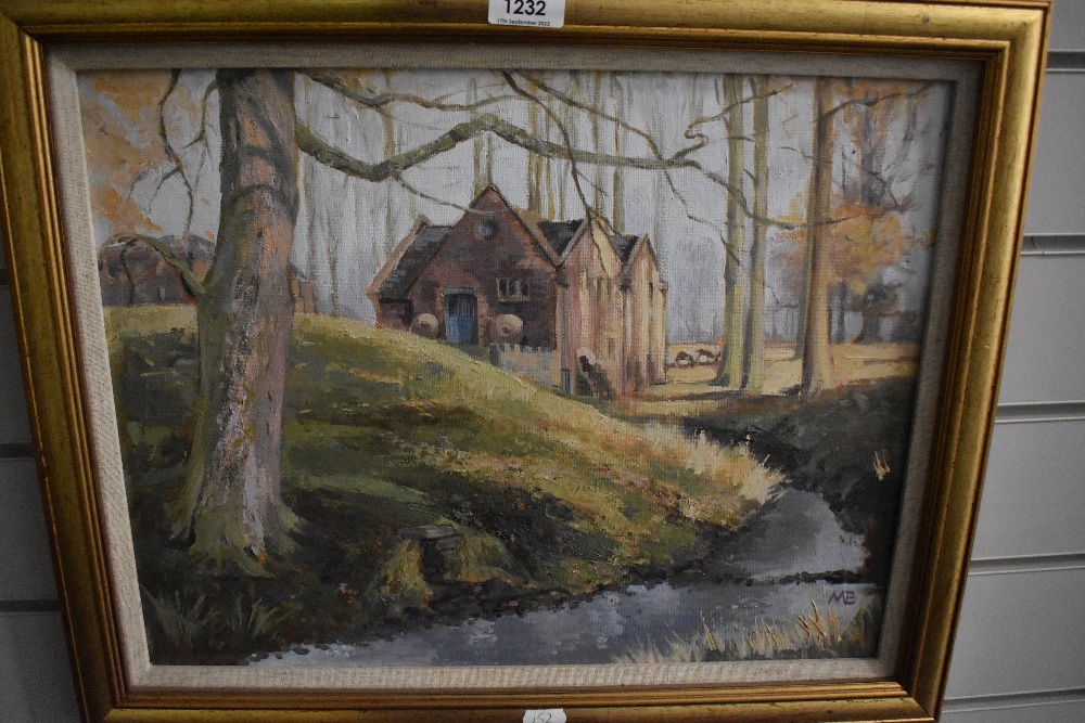 20th Century British School, oil on board, A red brick mill set within an autumnal woodland