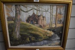 20th Century British School, oil on board, A red brick mill set within an autumnal woodland