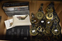 A small amount of horse brasses, ITT Europa 100 radio, a collection of postcards etc