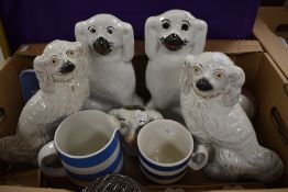 Two pairs of Staffordshire flatback style dogs, a TG Green blue cornishware jug and similar mug