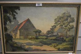 H. Down (?), 20th Century, oil on board, A rural working scene, a dirt track leading to farm