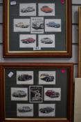 Two framed collections of classic car cigarette cards by Bentley and Mercedes.