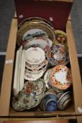 A carton of assorted plates and dishes including Royal Albert 'Lady Carlisle', Ainsley 'Orchid Gold'