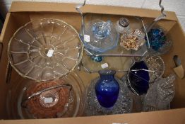 A selection of glass including pressed and coloured glass made up of dishes and cake stand also a