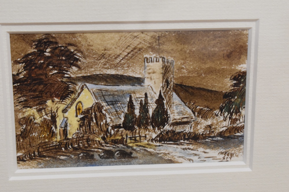 An early 20th century watercolour sketch, rural church scene, mounted and initialled A.E in pencil - Image 3 of 3