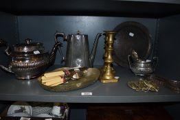 A selection of brass and plated ware including candlesticks, coffee pot and a silver gilt tea pot