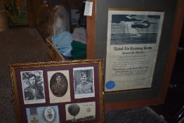 A framed 1940s certificate, 'Nanal air training centre, Florida' and five framed postcards of