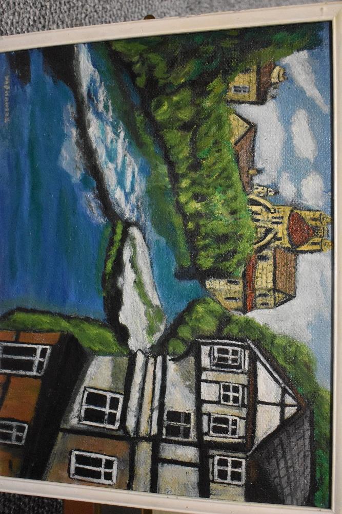 An oil on board depicting Tudor house and church by river.