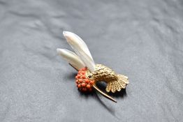 A 1960's Marcel Boucher gold plated humming bird brooch no:7087, having mother of pearl wings