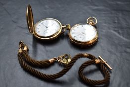 A gold plated hunter pocket watch by Waltham having Arabic numeral dial with subsidiary seconds, a