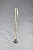 A 9ct rose gold fob pendant and chain having carnelian and blood stone panels, chain approx 16' &