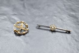 Two yellow metal brooches stamped 15ct, both having seed pearl decoration, approx 6.5g