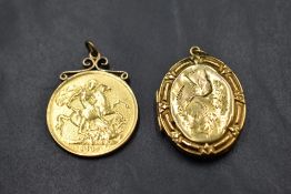 A Victorian 1887 £2 gold coin with soldered gold pendant loop attached, approx 16.5g, and a 9ct gold