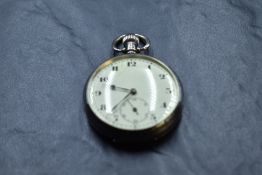 A silver top wound pocket watch having Arabic numeral dial to subsidiary seconds in a plain silver