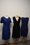 A black lace Vera Mont 1950s/60s dress, a 1960s blue linen shift dress and a 1960 blue lace shift