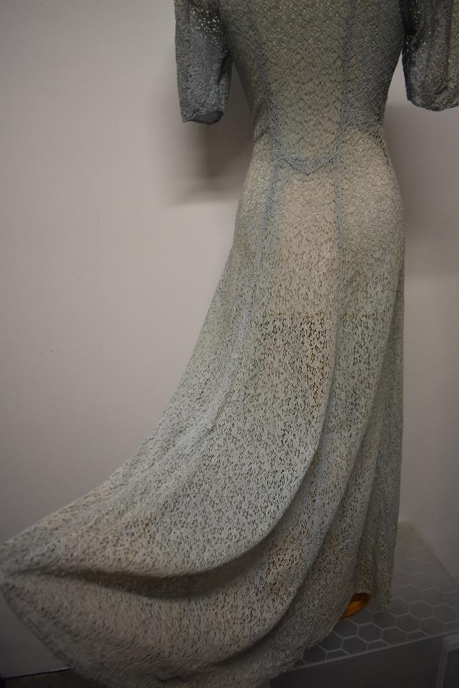 A Decadent 1930s blue semi sheer lace cover up/house coat, having centre hook and eye fastening - Image 9 of 11