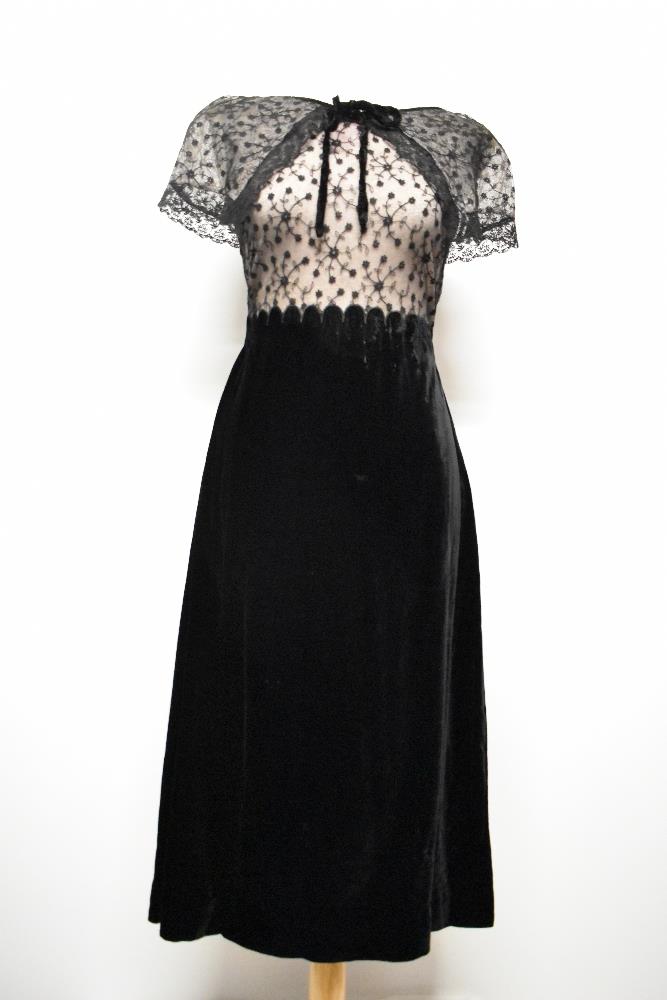 A 1940s velvet and lace gown, having shawl collar with velvet bow, the bodice and collar being lined