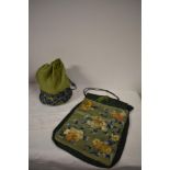 Two antique Chinese bags, one of green cotton blend with silk panel and floral embroidery to lower