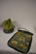 Two antique Chinese bags, one of green cotton blend with silk panel and floral embroidery to lower
