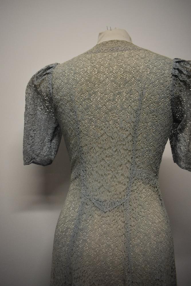 A Decadent 1930s blue semi sheer lace cover up/house coat, having centre hook and eye fastening - Image 7 of 11