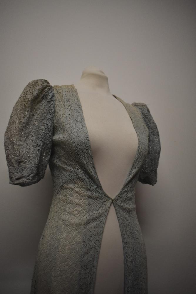 A Decadent 1930s blue semi sheer lace cover up/house coat, having centre hook and eye fastening - Image 2 of 11