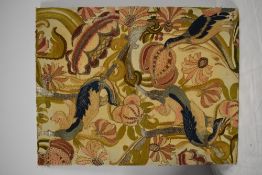 A 19th century embroidered panel, mounted on wood frame, using silk and metallic thread, depicting
