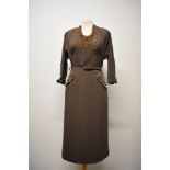 A beautifully tailored 1940s day dress, having velvet insert to bodice and velvet faux pocket,