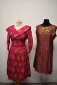 A late 1950s cerise pink and gold brocade dress with huge statement collar and a similar coloured