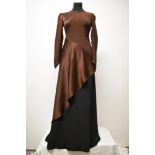 An unusual Art Deco 1930s two toned black and mahogany evening gown, panelled V necked bodice, using