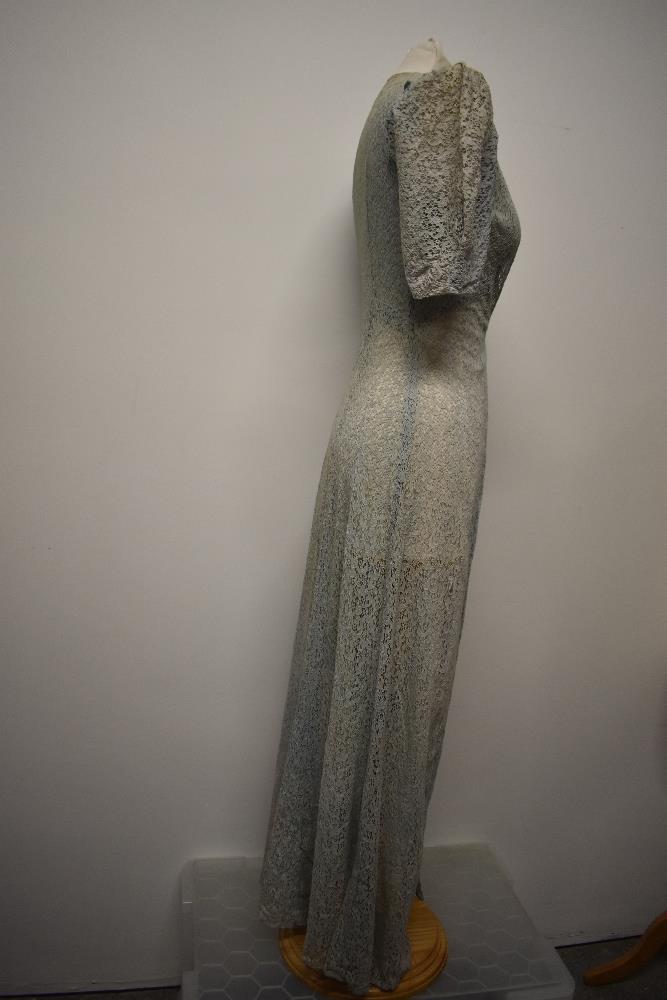 A Decadent 1930s blue semi sheer lace cover up/house coat, having centre hook and eye fastening - Image 5 of 11