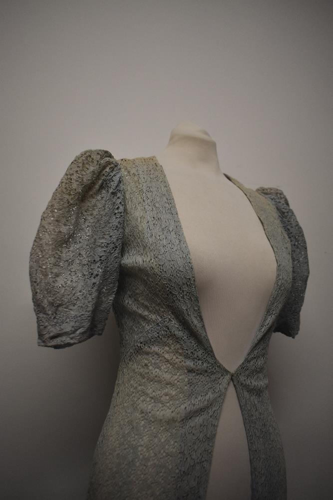 A Decadent 1930s blue semi sheer lace cover up/house coat, having centre hook and eye fastening - Image 4 of 11