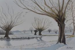 A.E. Malt (20th Century), two watercolours, two winter countryside landscapes with trees, signed