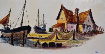 Hischel (20th Century), mixed media on board, A vintage fishing boat scene with creels to the