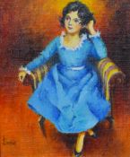 Irene Shaw (20th Century, British), an oil on board, 'Girl In Blue Velvet Dress', signed lower