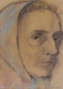 Artist Unknown, a chalk study, A head portrait of a pensive elderly lady, signed indistinctly to the