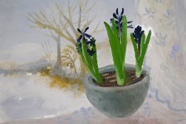 Winifred Nicholson (1893-1981, British), an oil on board, 'Blue Hyacinths In A Winter Landscape',