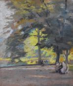 20th Century, Continental School, a pastel, A colourful park scene depicting figures sitting upon