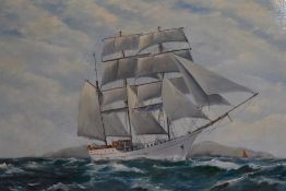 A.L. Collister (20th Century, British), an oil on board, a masted white finish vessel in choppy