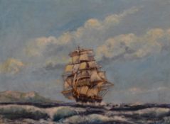 G.H. Macarthy (20th Century), an oil on board, Masted ship at sea, signed, displayed within a rustic