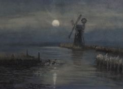 Eileen Green (20th Century, British), an oil painting, 'Moonlight Kiss', a tranquil windmill