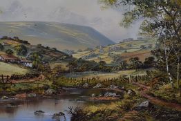 John Corcoran (b.1940, British), acrylic on canvas, An idyllic pastoral landscape depicting a