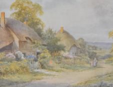 After Unknown Artist (19th Century), a coloured print, Two figures walking beside thatched roof